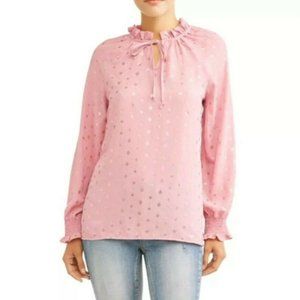 Time and Tru gold foil print sheer pink blouse; M